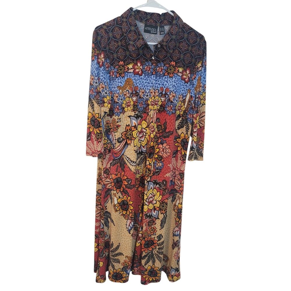 Attitudes by Renee Border Print Button Down Maxi Dress Sz MP